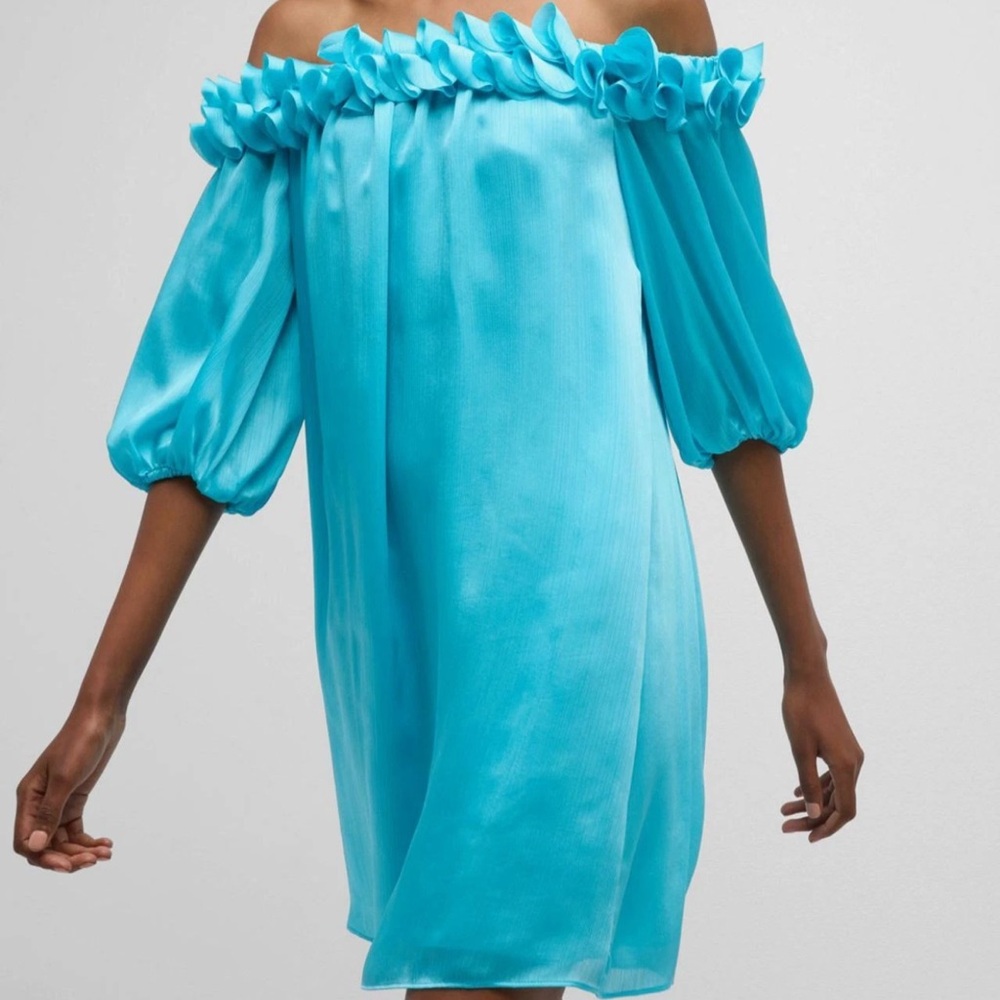 Trina Turk Turquoise Blue Off-Shoulder Mini Dress, Size Small, New Without Tags